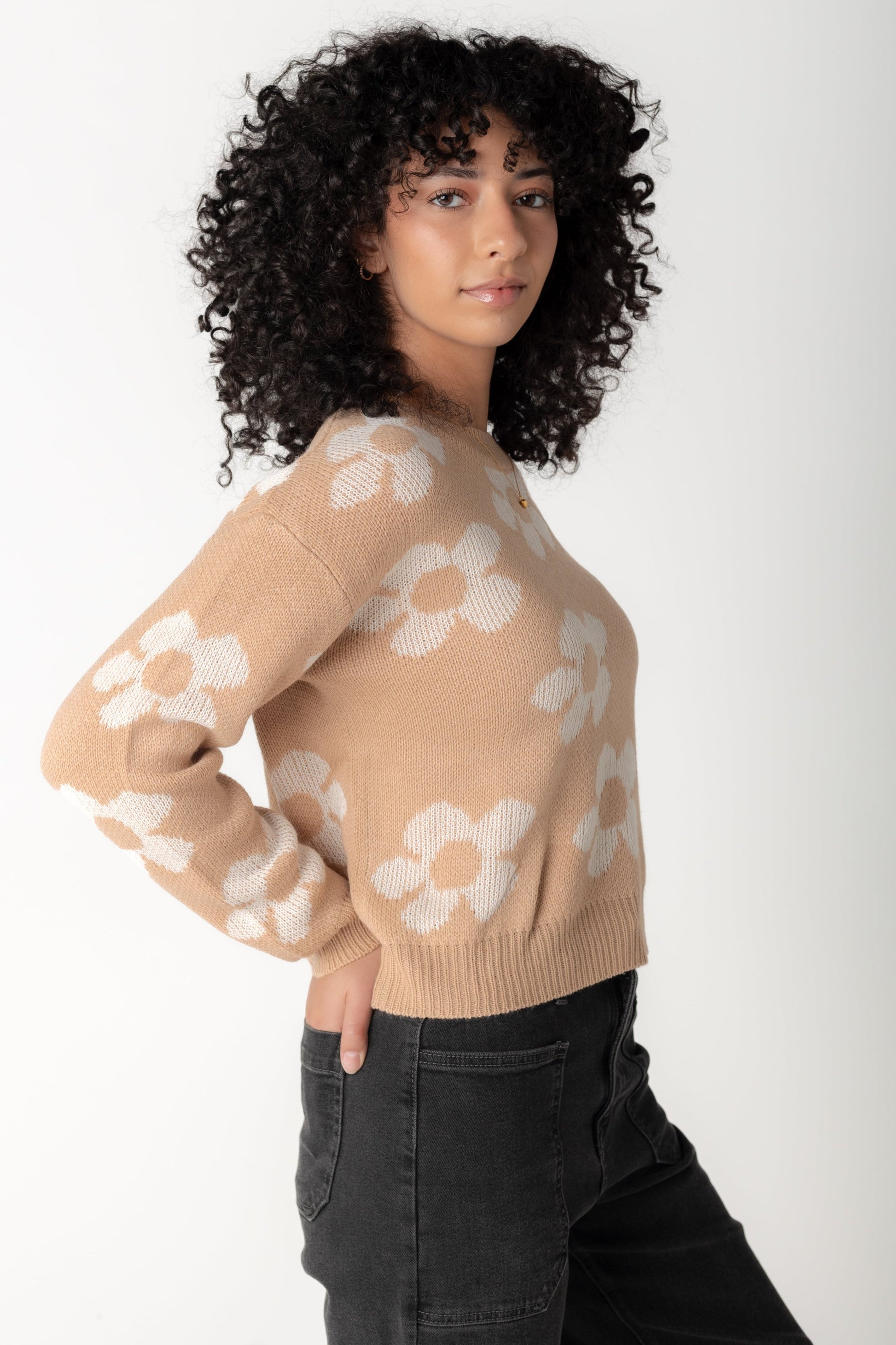 Side view of khaki floral sweater