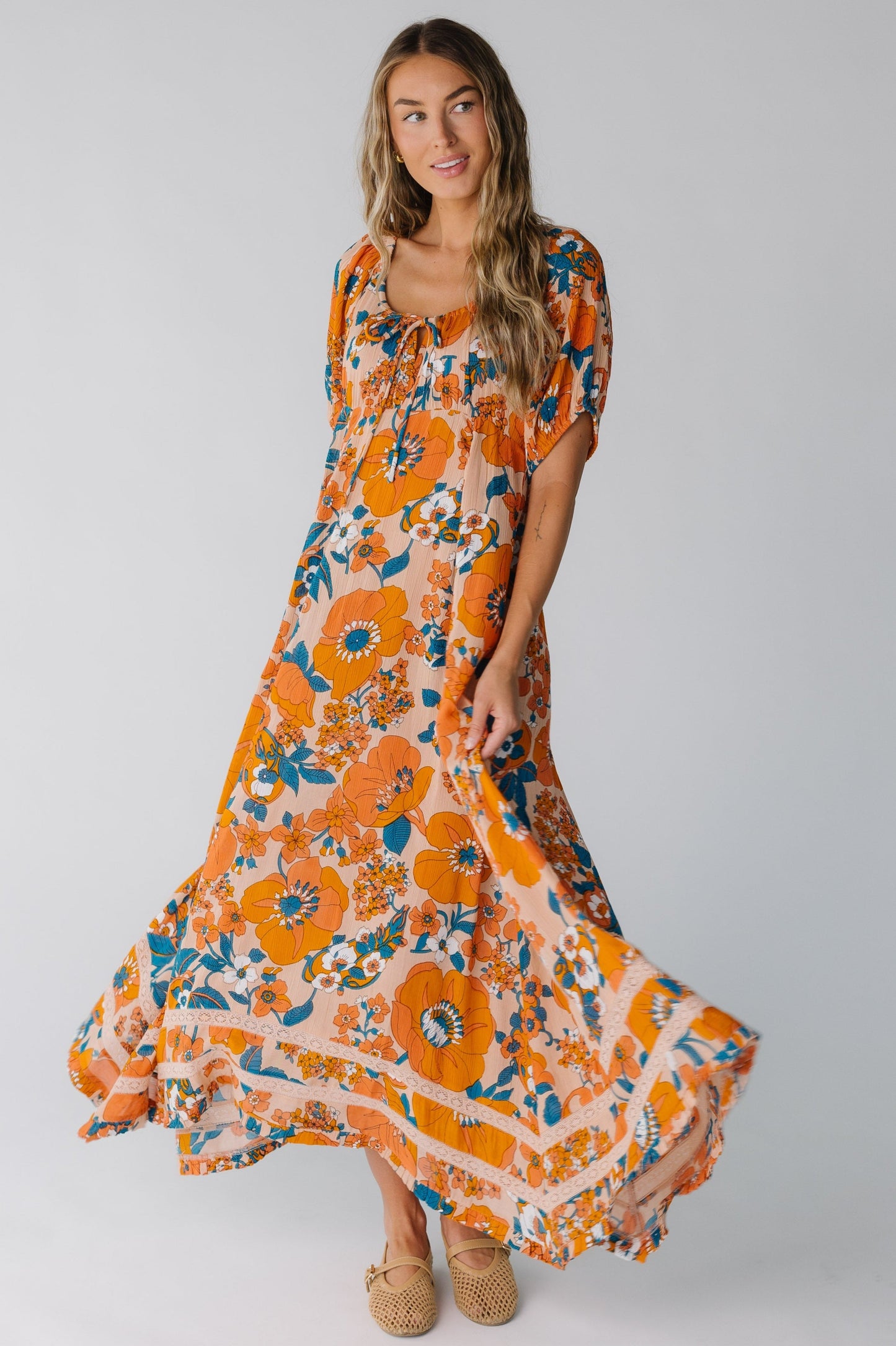 Lyon Crepe Maxi Dress WOMEN'S DRESS Citrus Orange Print XS 