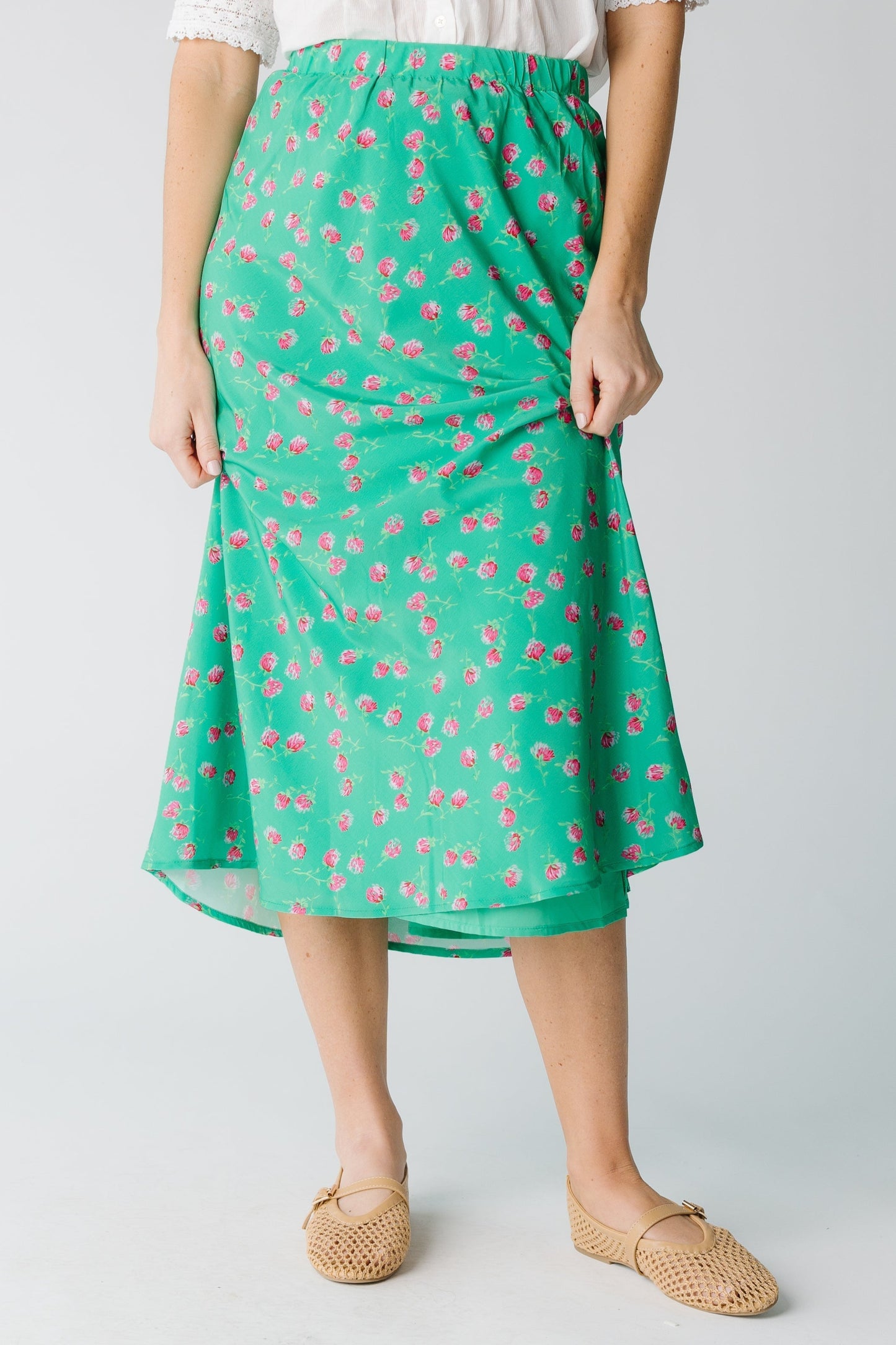 Green A-line midi with  pink floral print