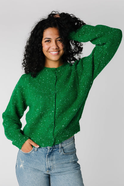 Modest warm wool blend green cardigan with crew neckline and long sleeves