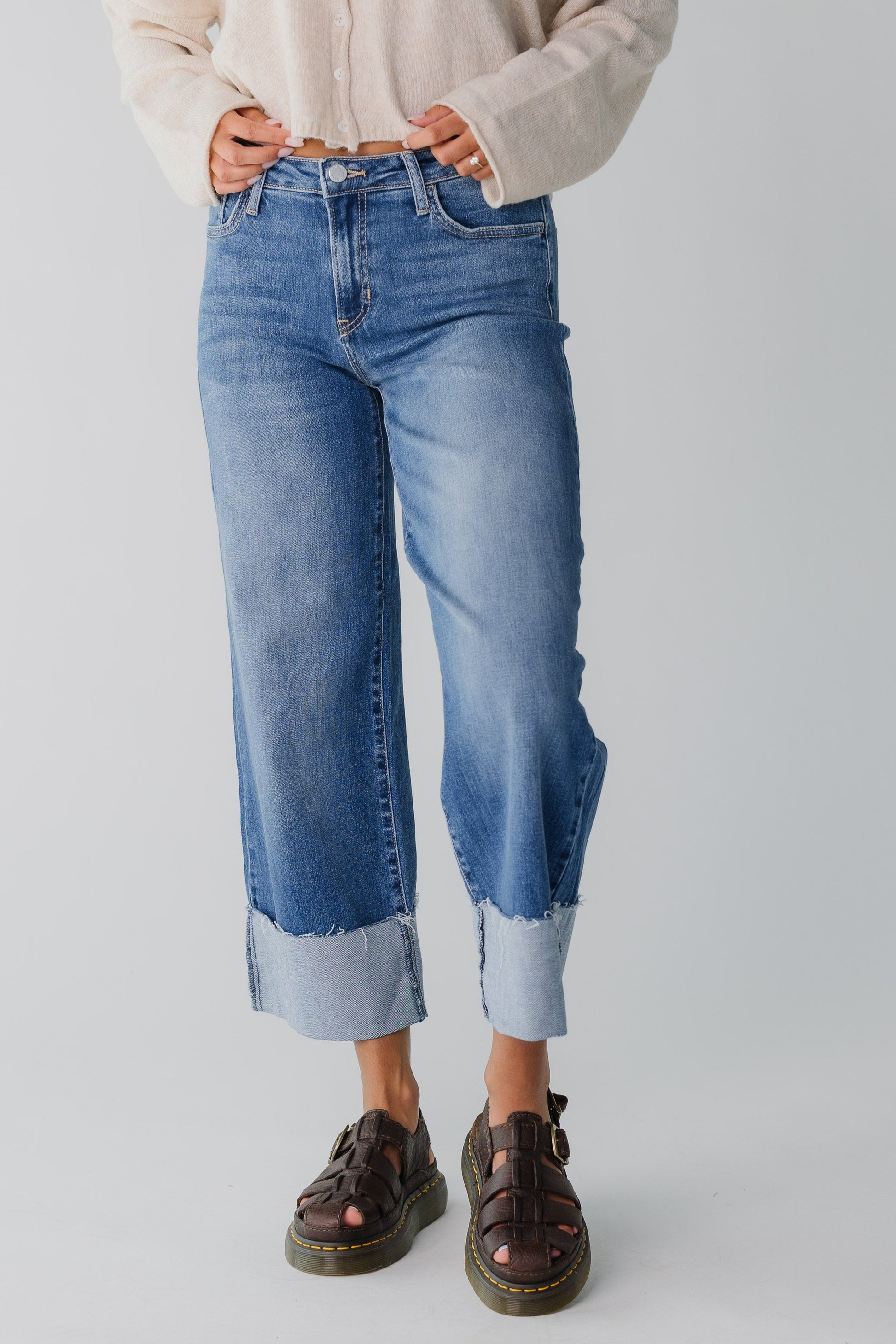 Scissor Cut Cuffed Slim Wide Pant for women in medium denim