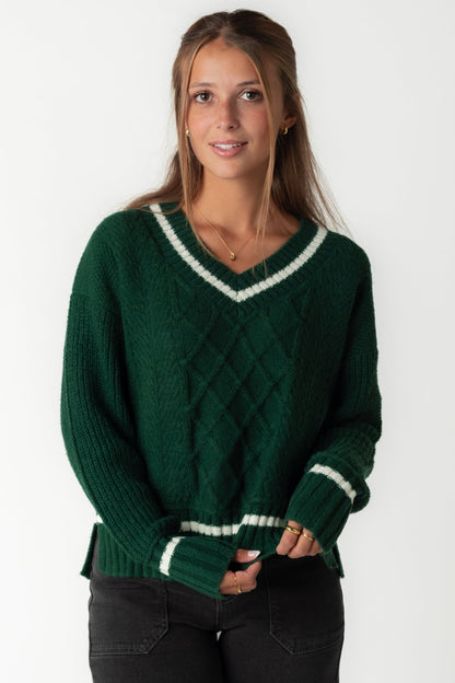 Green long sleeve sweater with V-neckline and front and back cable pattern