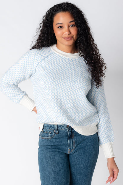 Modest crew neck sweater with raglan sleeve sweater with blue and white diamond pattern