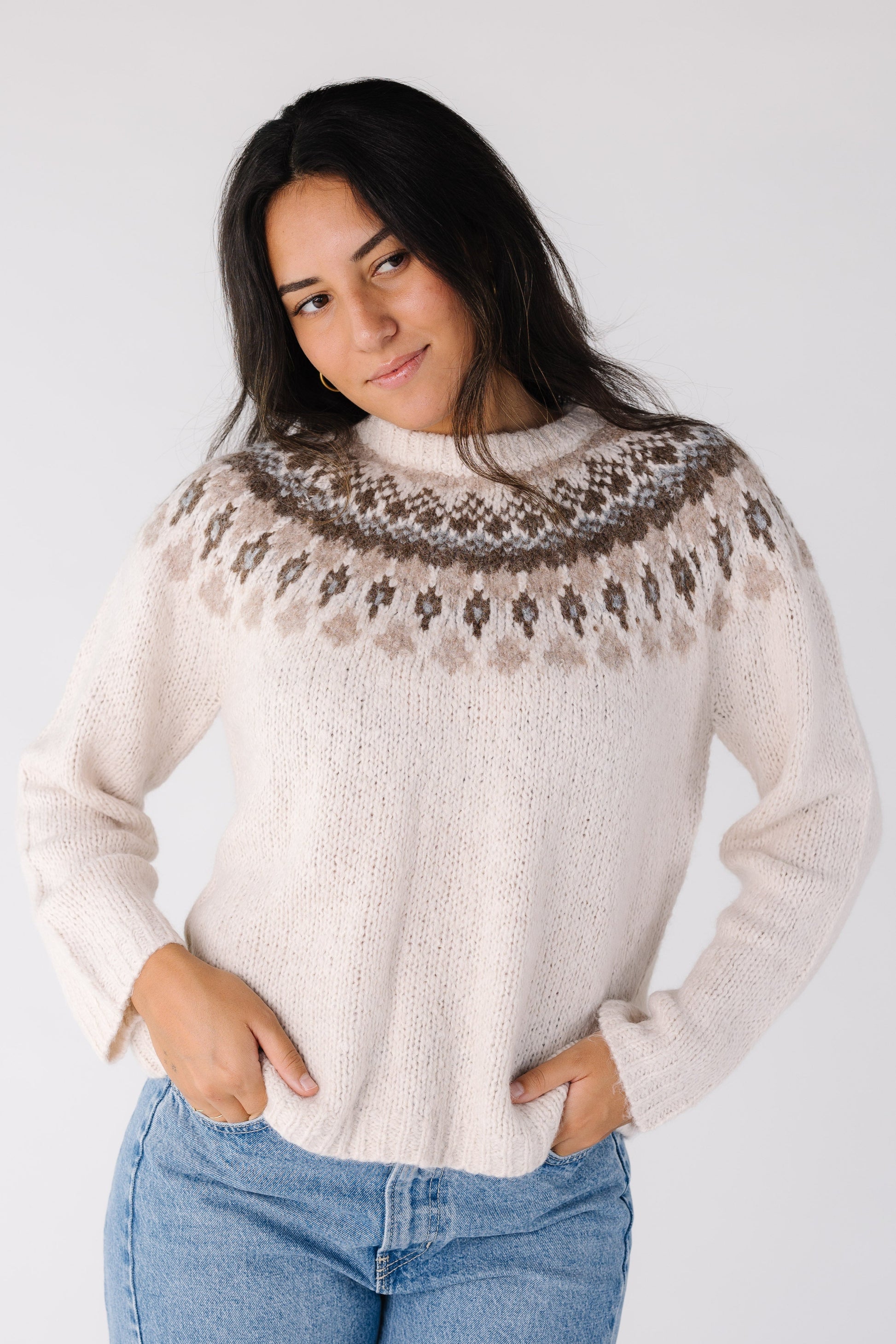 Modest women and teens long sleeve fair isle sweater