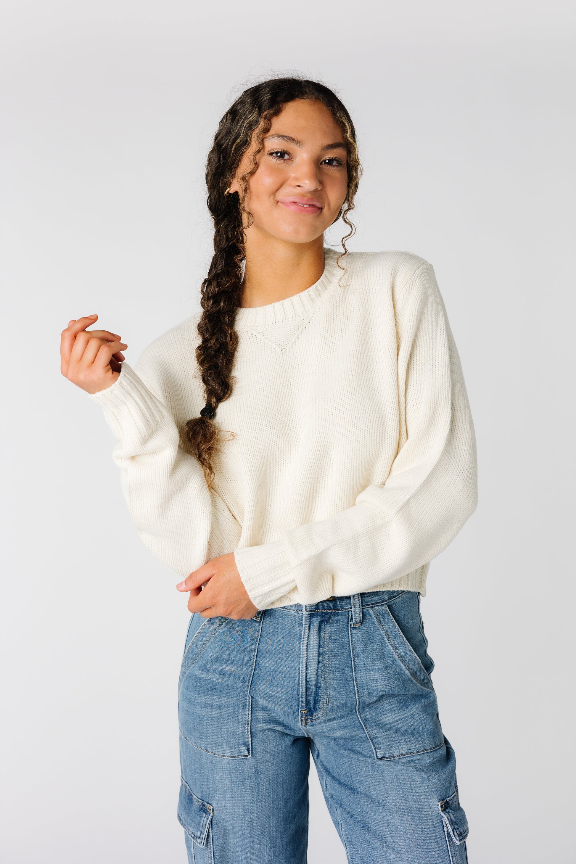 Modest cozy long sleeve pullover in cream