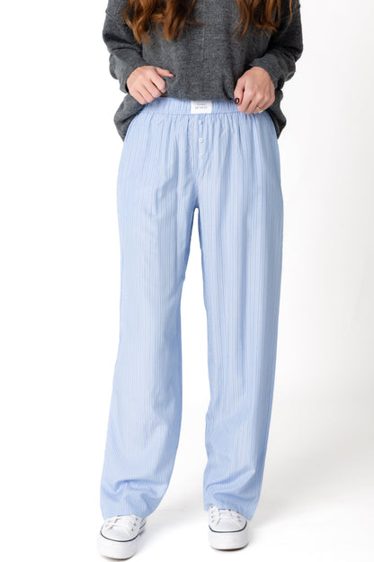 Modest wide leg pajama pant in blue and white