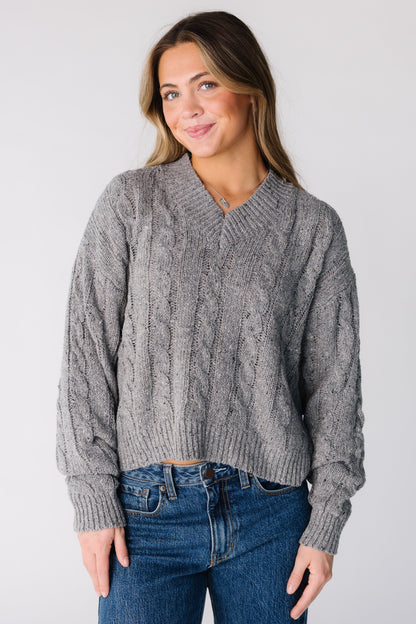 Modest women and teens cable V-neck sweater with long sleeves in grey