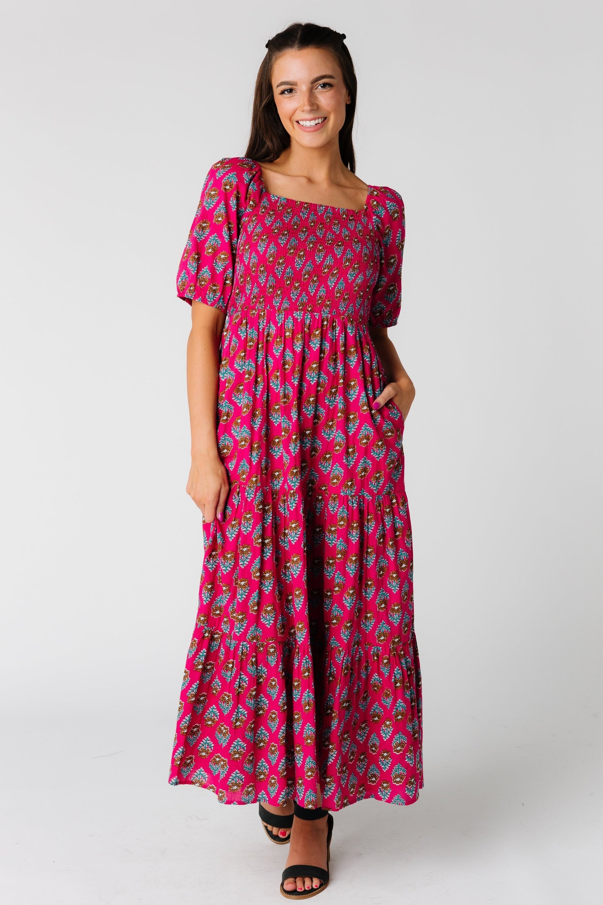 Kingston bold pink print maxi dress with smocked bodice