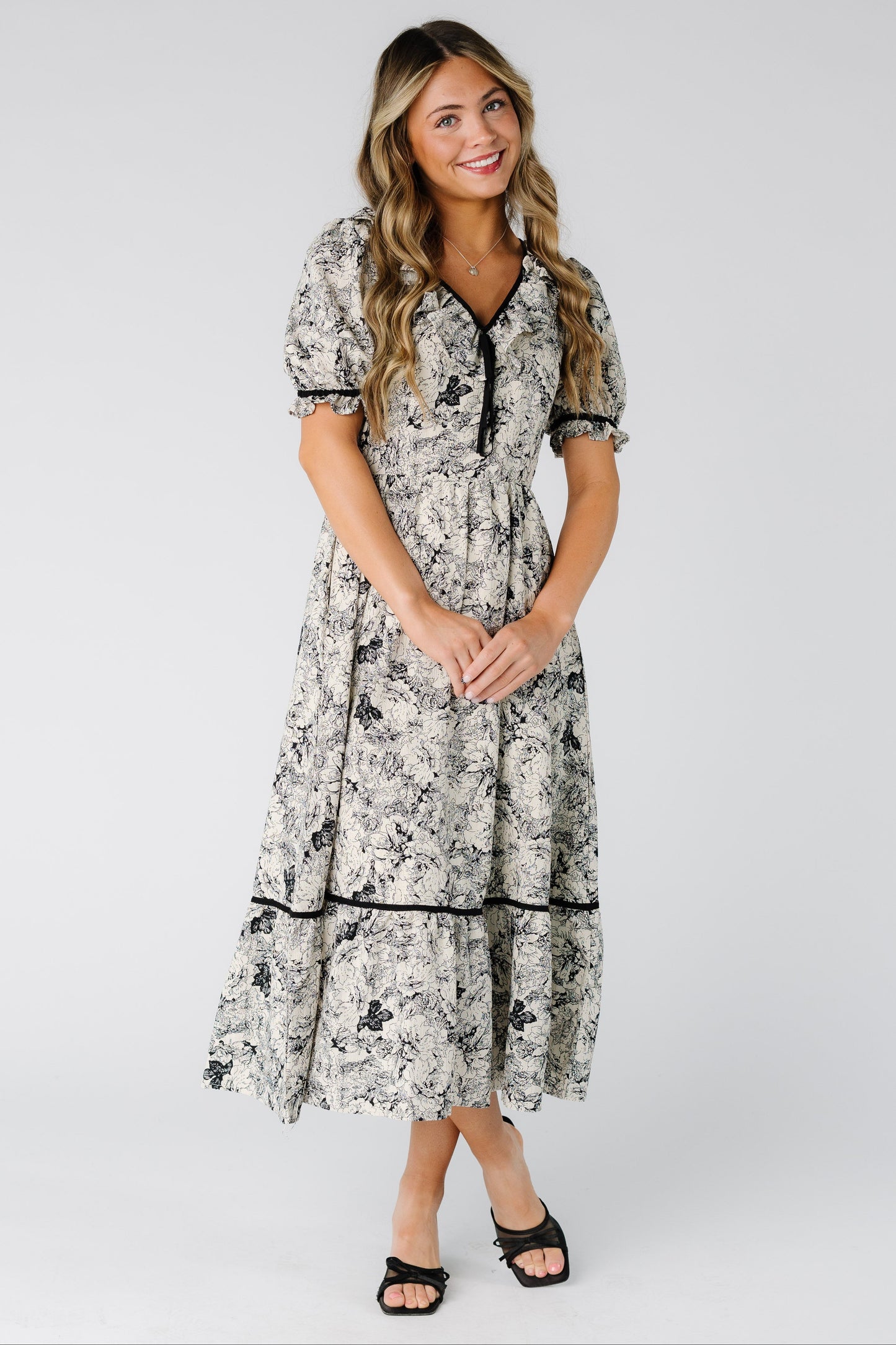 Brass & Roe Elowen Midi Dress in black and white print for women and teens