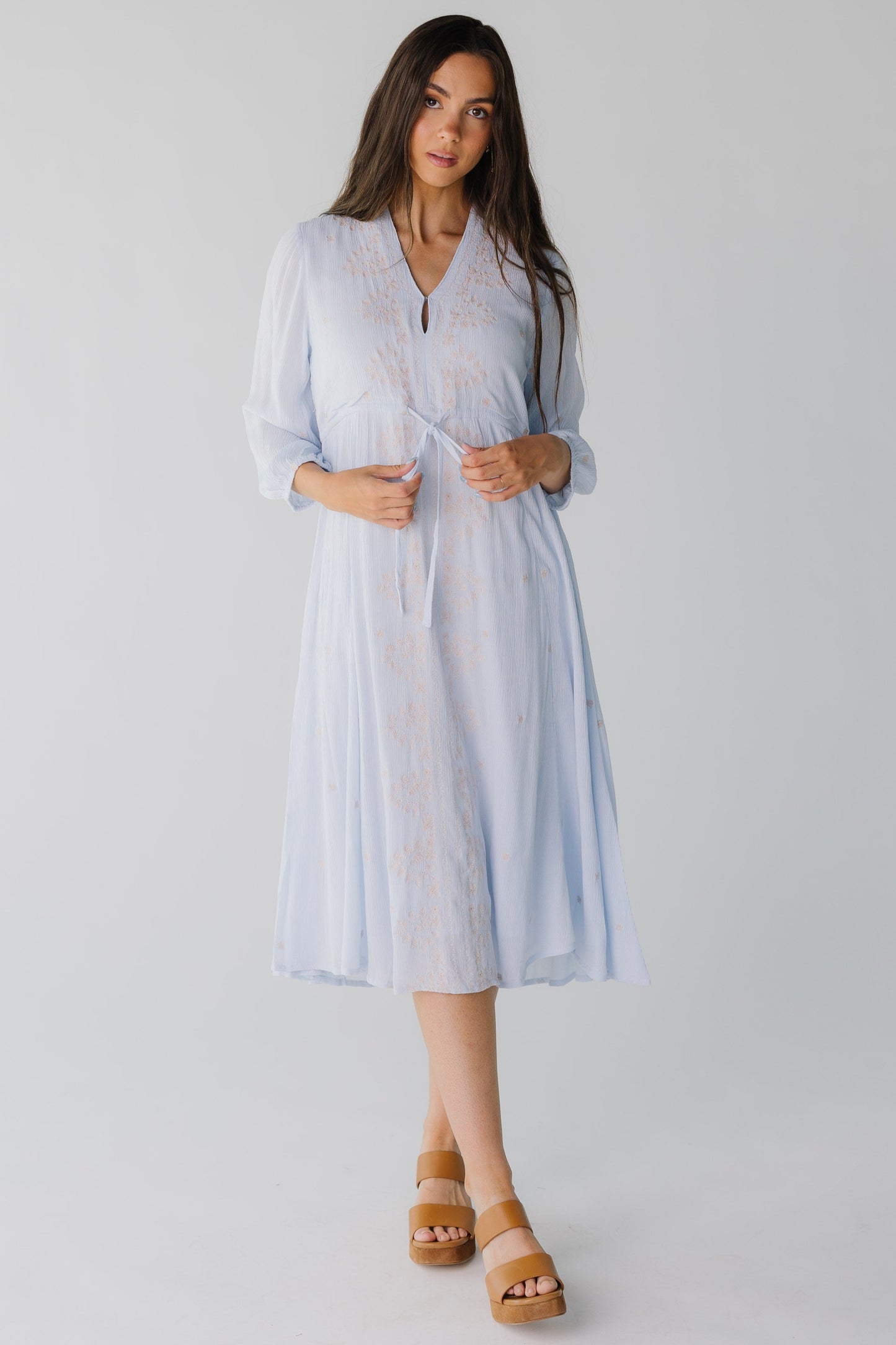Crepe textured light blue dress with floral embroidery 