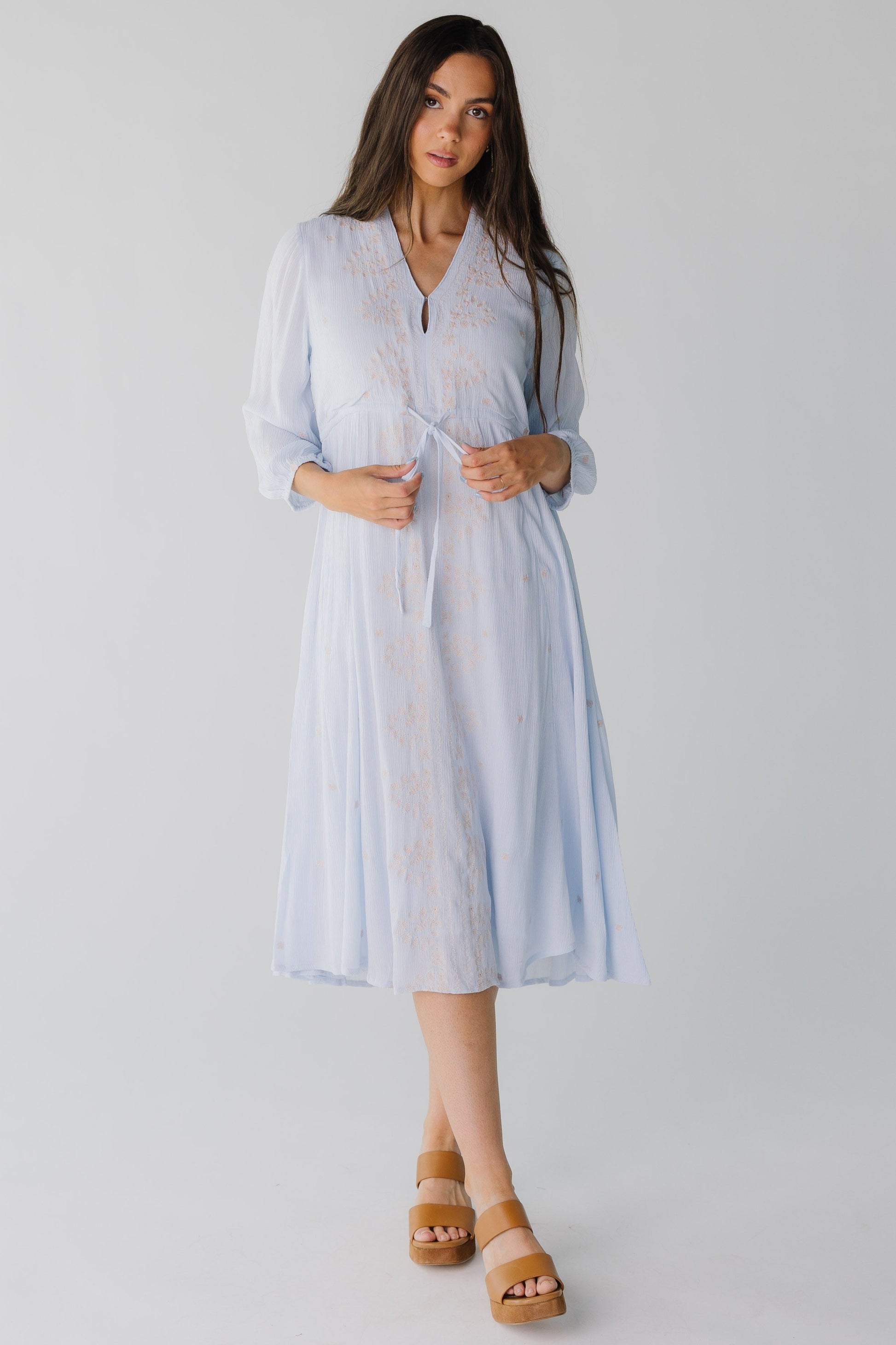 Crepe textured light blue dress with floral embroidery 
