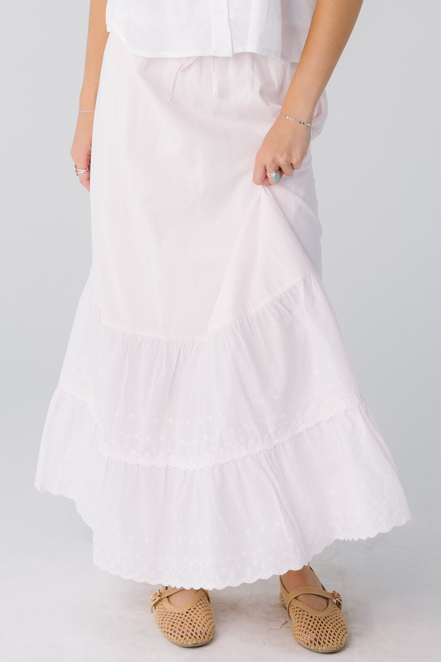 Brass & Roe Melanie Midi Eyelet Skirt  in light pink