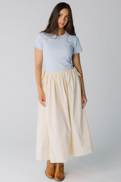 Modest cream midi skirt with elastic and bow waistband