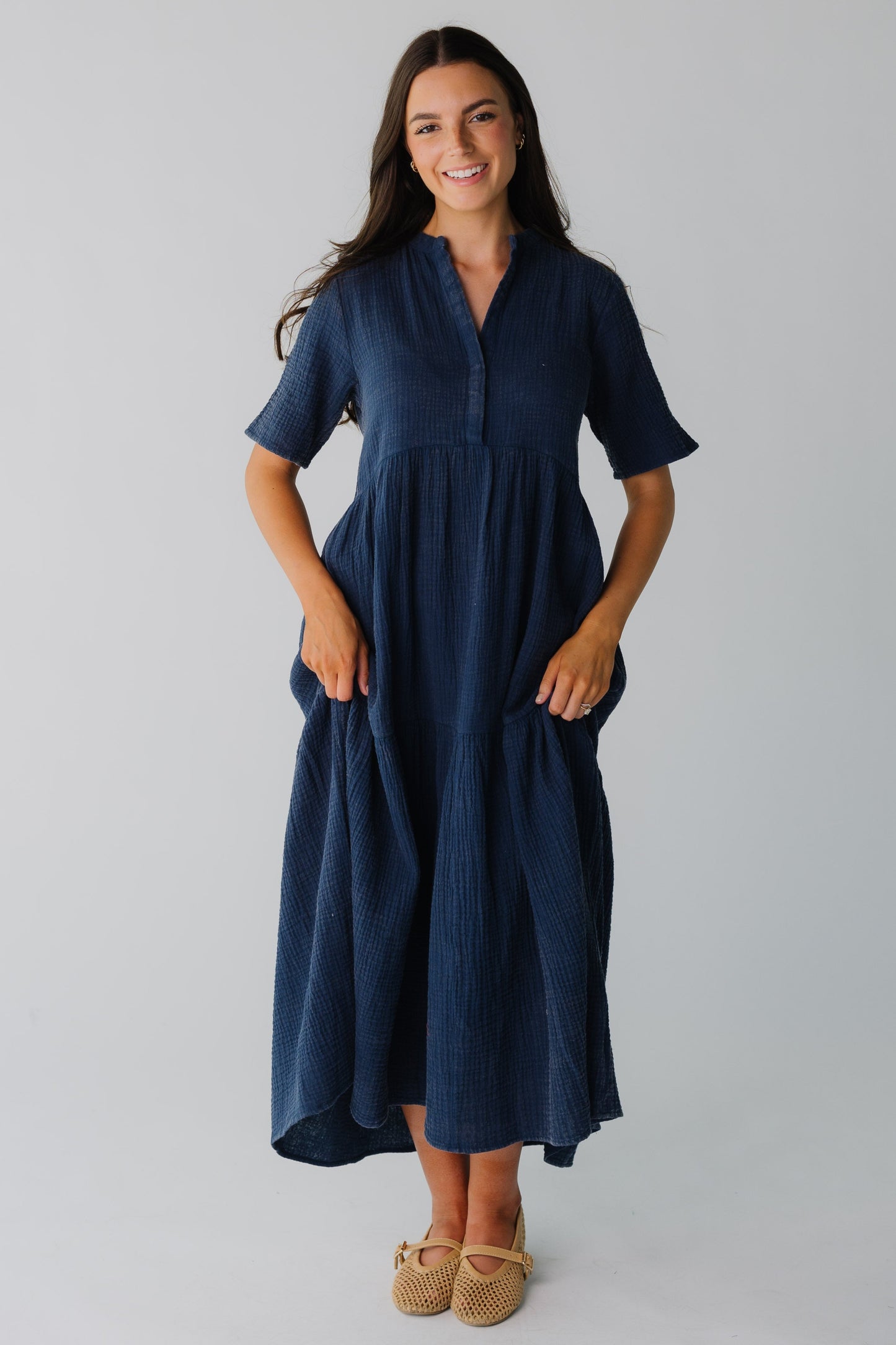Navy women's midi dress with short sleeves and empire waist