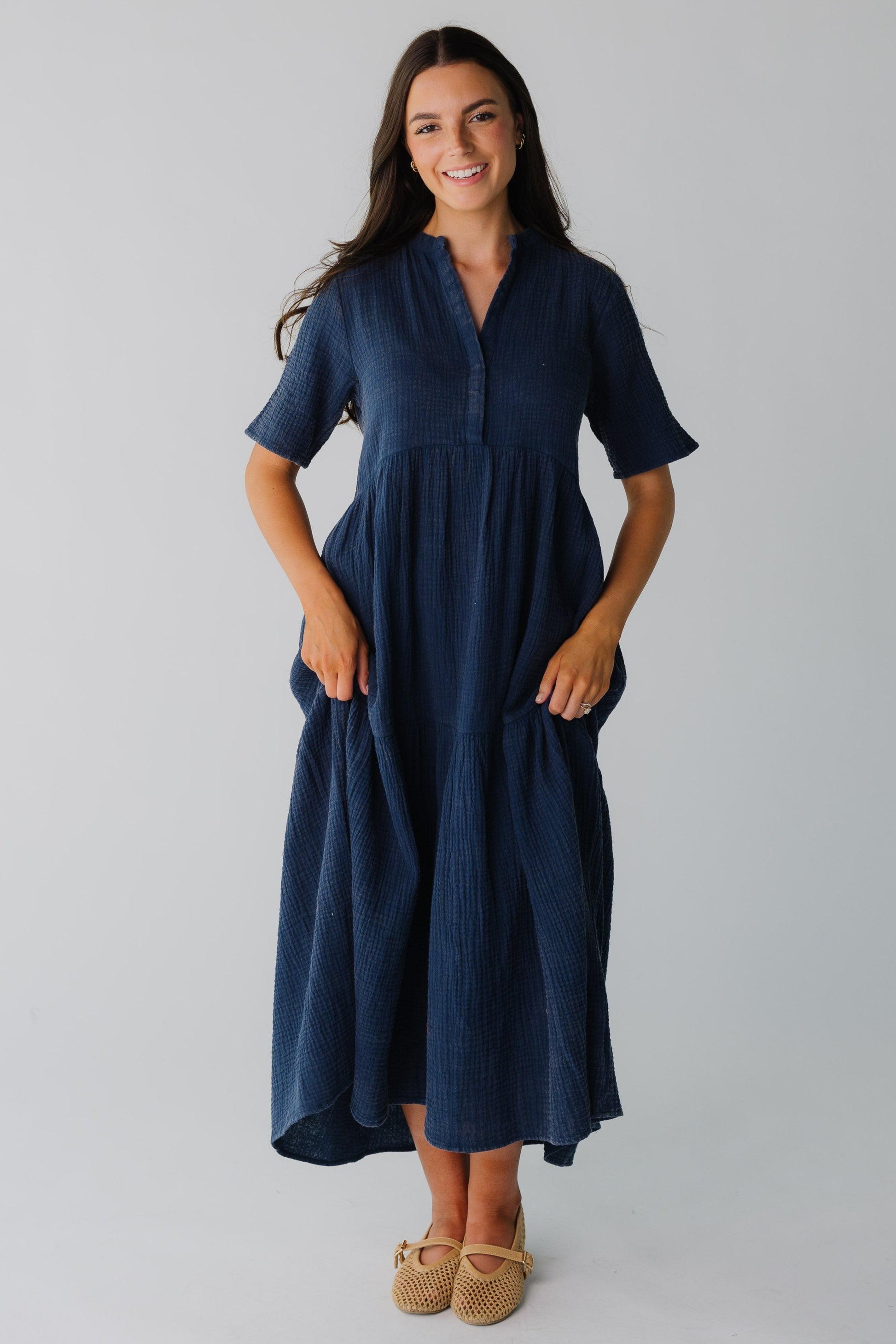 Navy women's midi dress with short sleeves and empire waist