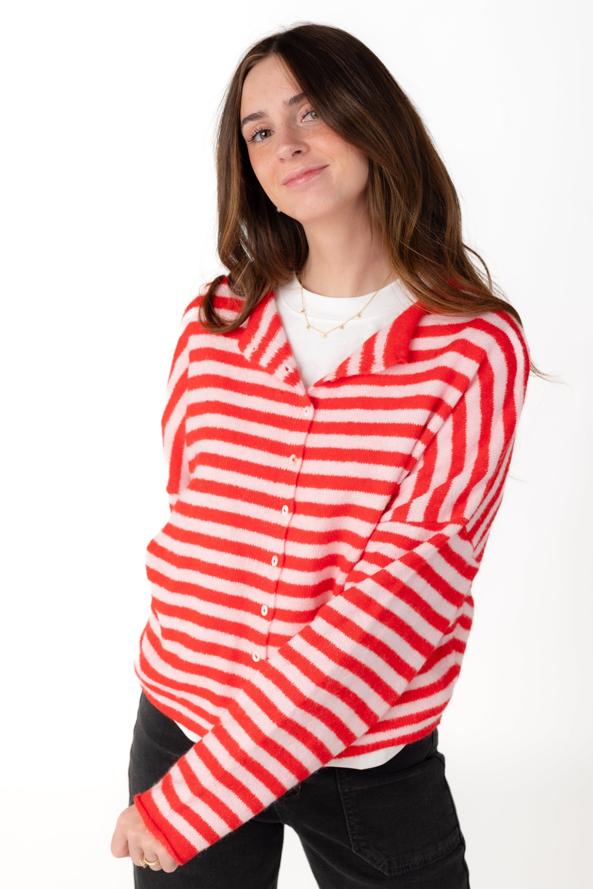 Aria Soft Stripe Cardigan WOMEN'S CARDIGAN Things Between Pink-Red S 