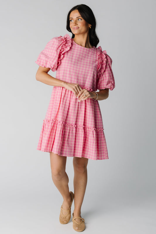 Brass & Roe Darla Gingham Dress in pink gingham