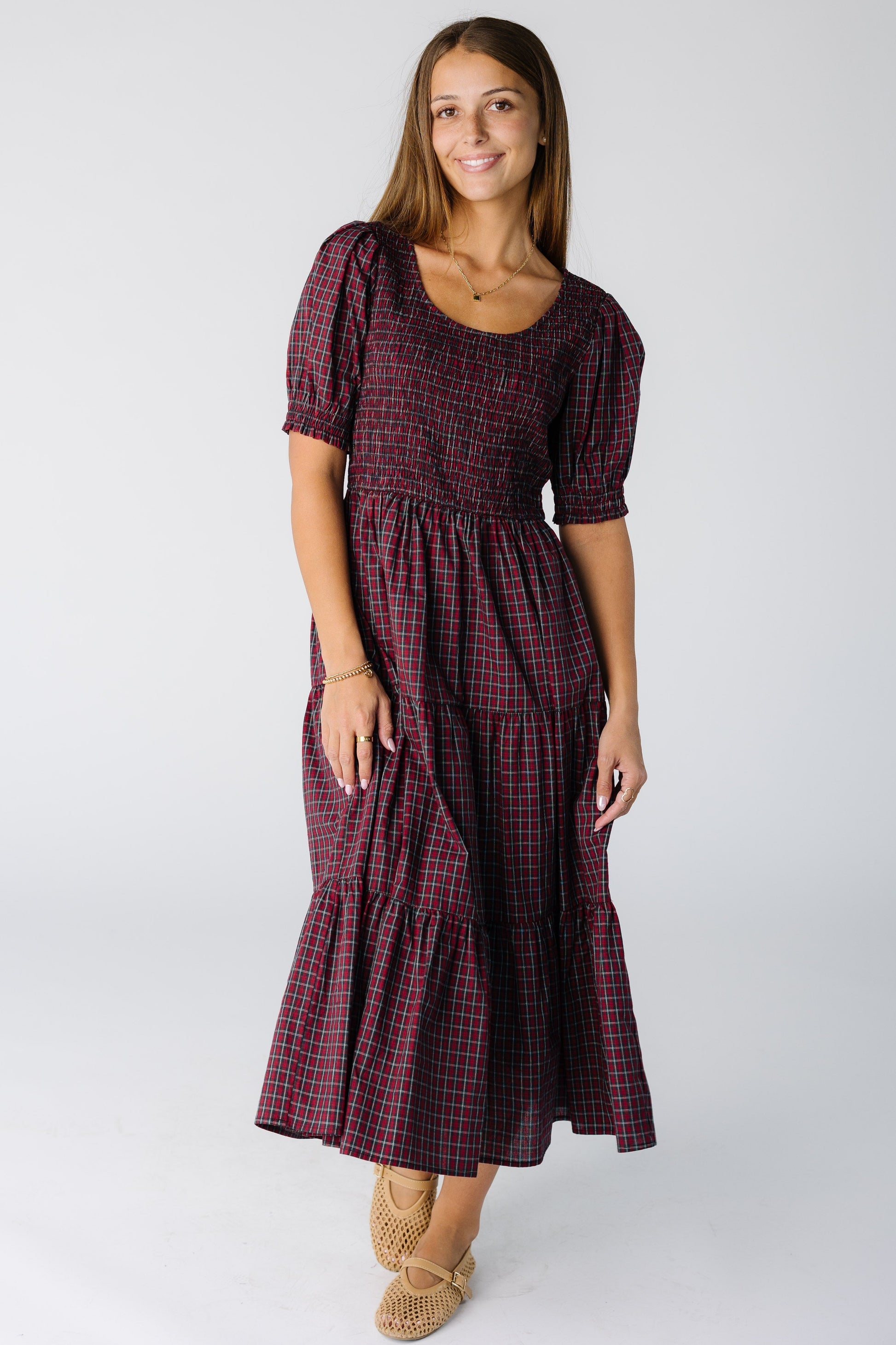 Bras & Roe The Alison Smocked Dress in a red and green plaid for women and teens