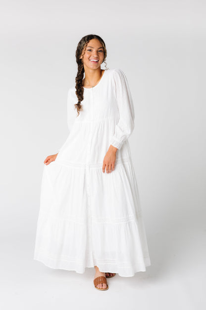 Modest white button down maxi with long sleeves