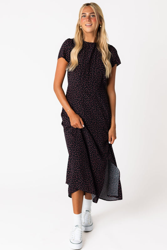 Modest black floral print midi dress