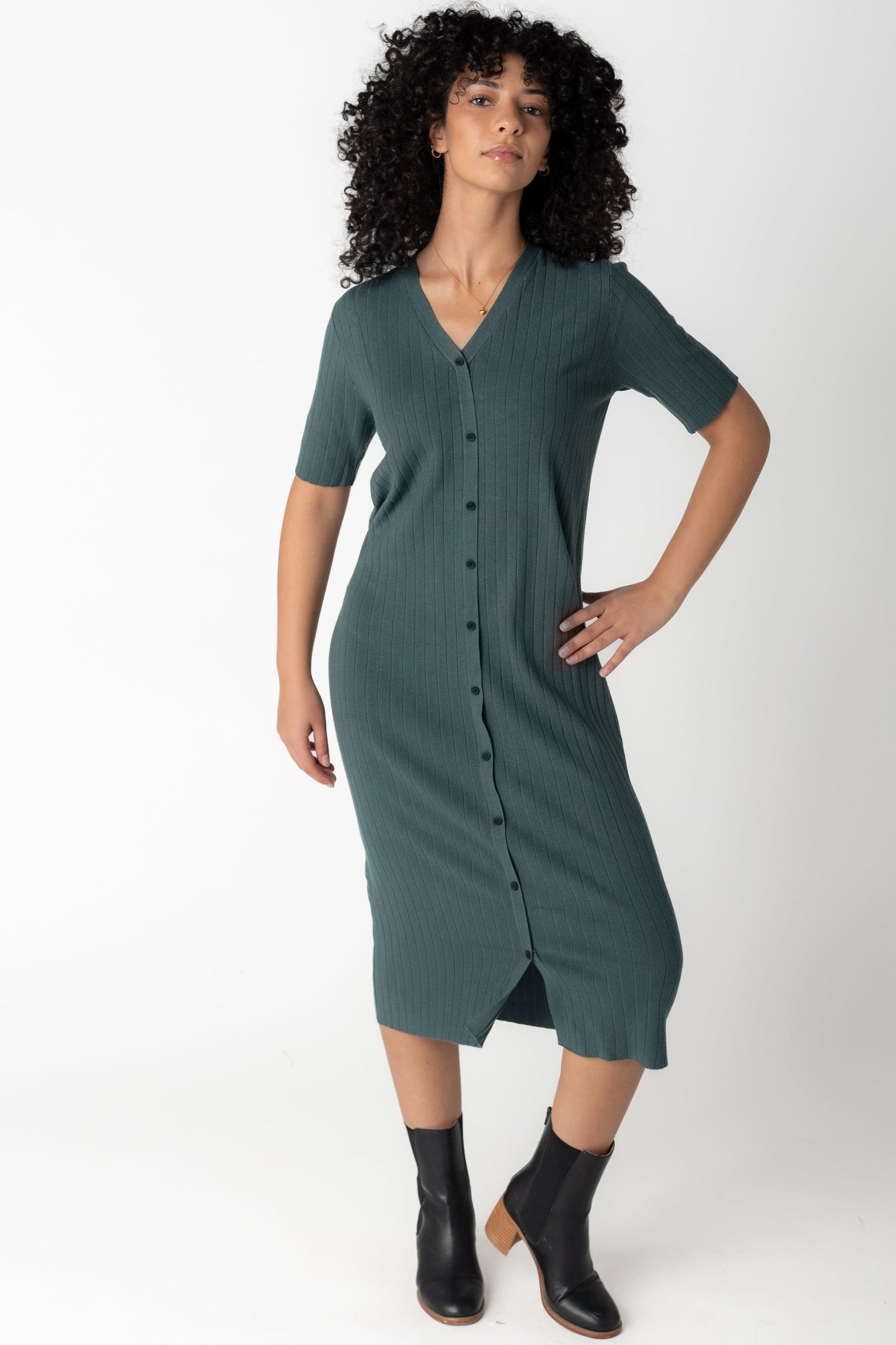 Knit dark sage midi sweater dress with short sleeves