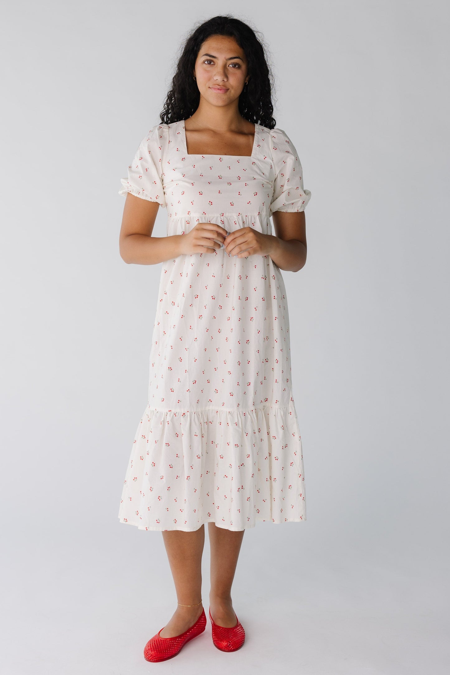 Ivory cherry print midi with wide bottom ruffle and square neckline