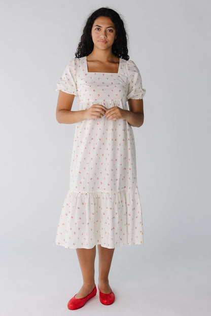 Ivory cherry print midi with wide bottom ruffle and square neckline