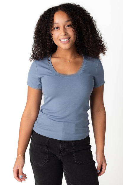 Modest scoop neck tee with short sleeves in slate blue