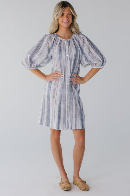 Citrus Seaside Button Down Knee Dress in white and blue stripe