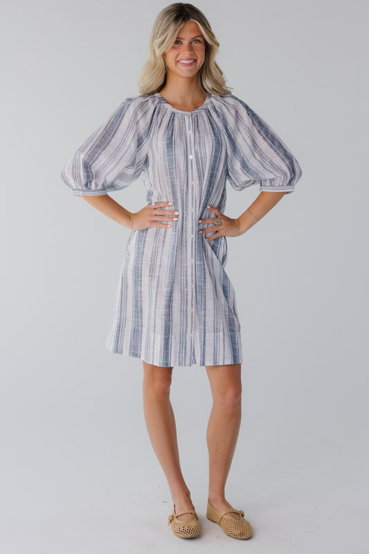 Citrus Seaside Button Down Knee Dress in white and blue stripe