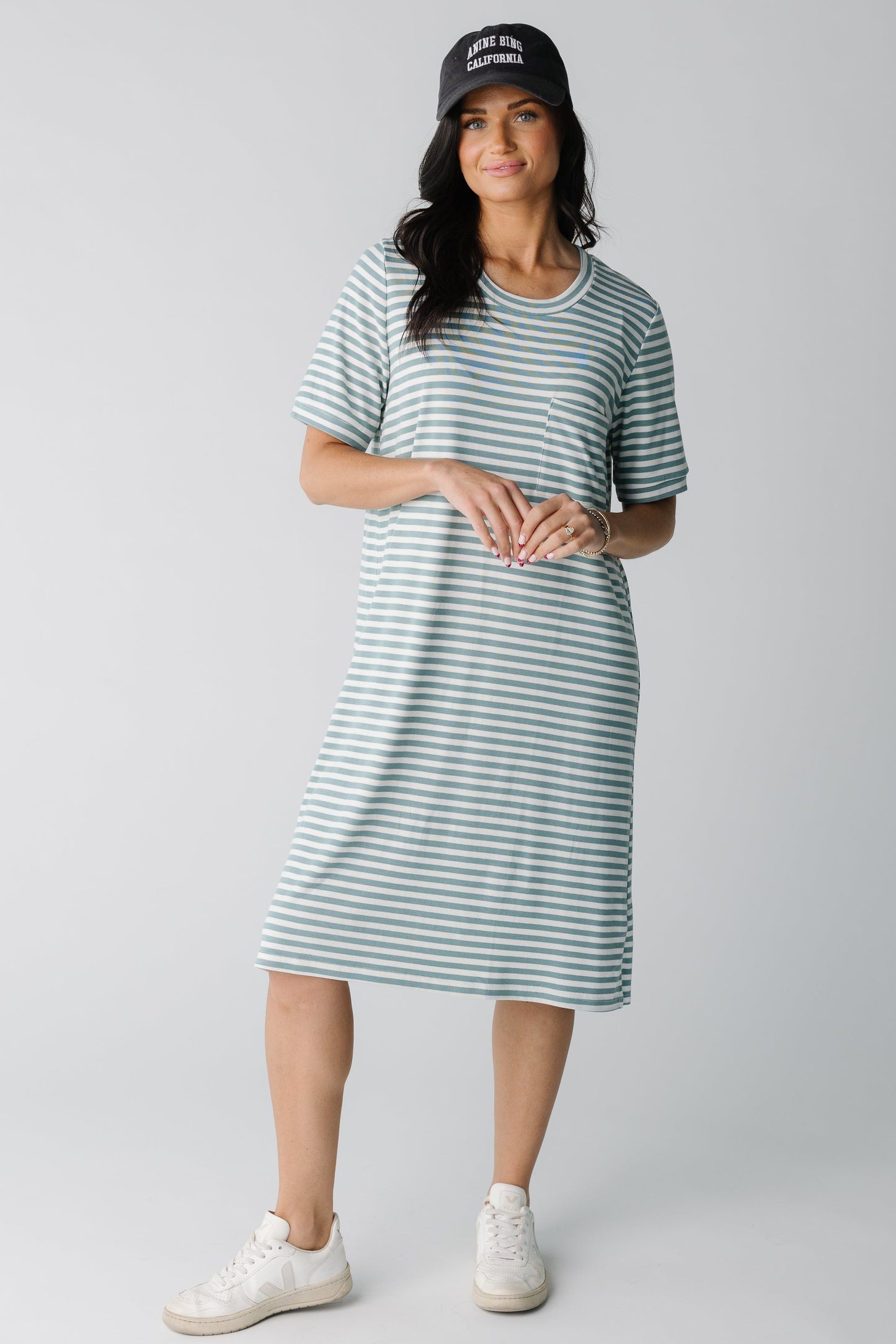 Modest stripe t-shirt midi dress with crew neckline and short sleeves