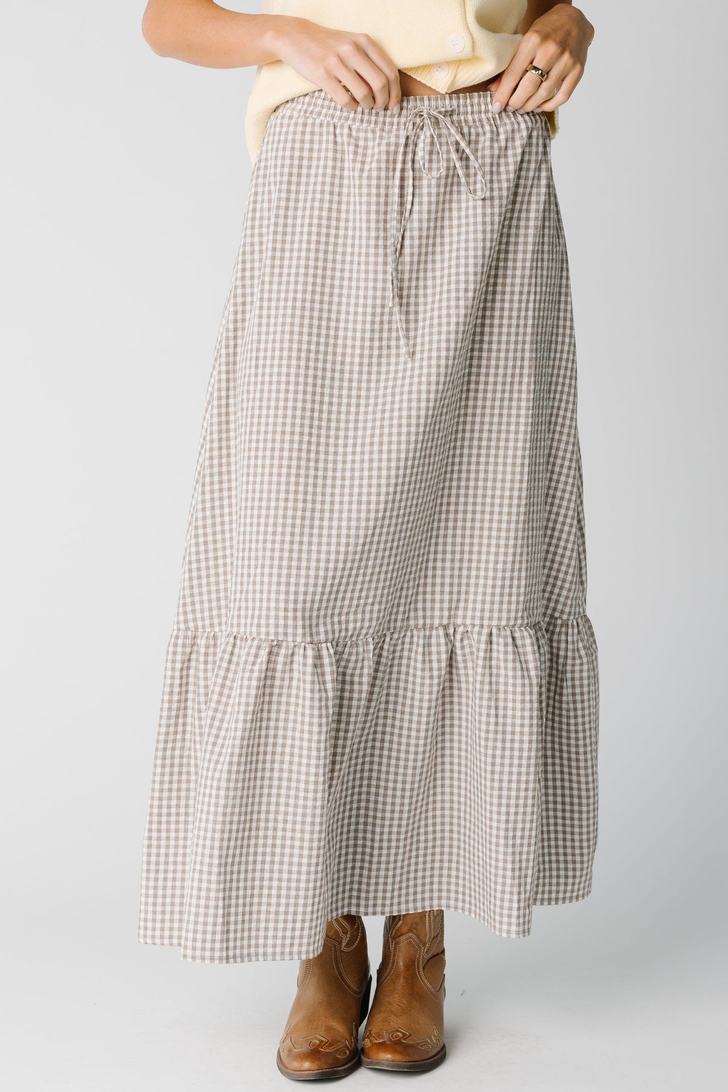 Taupe gingham maxi skirt with wide bottom ruffle