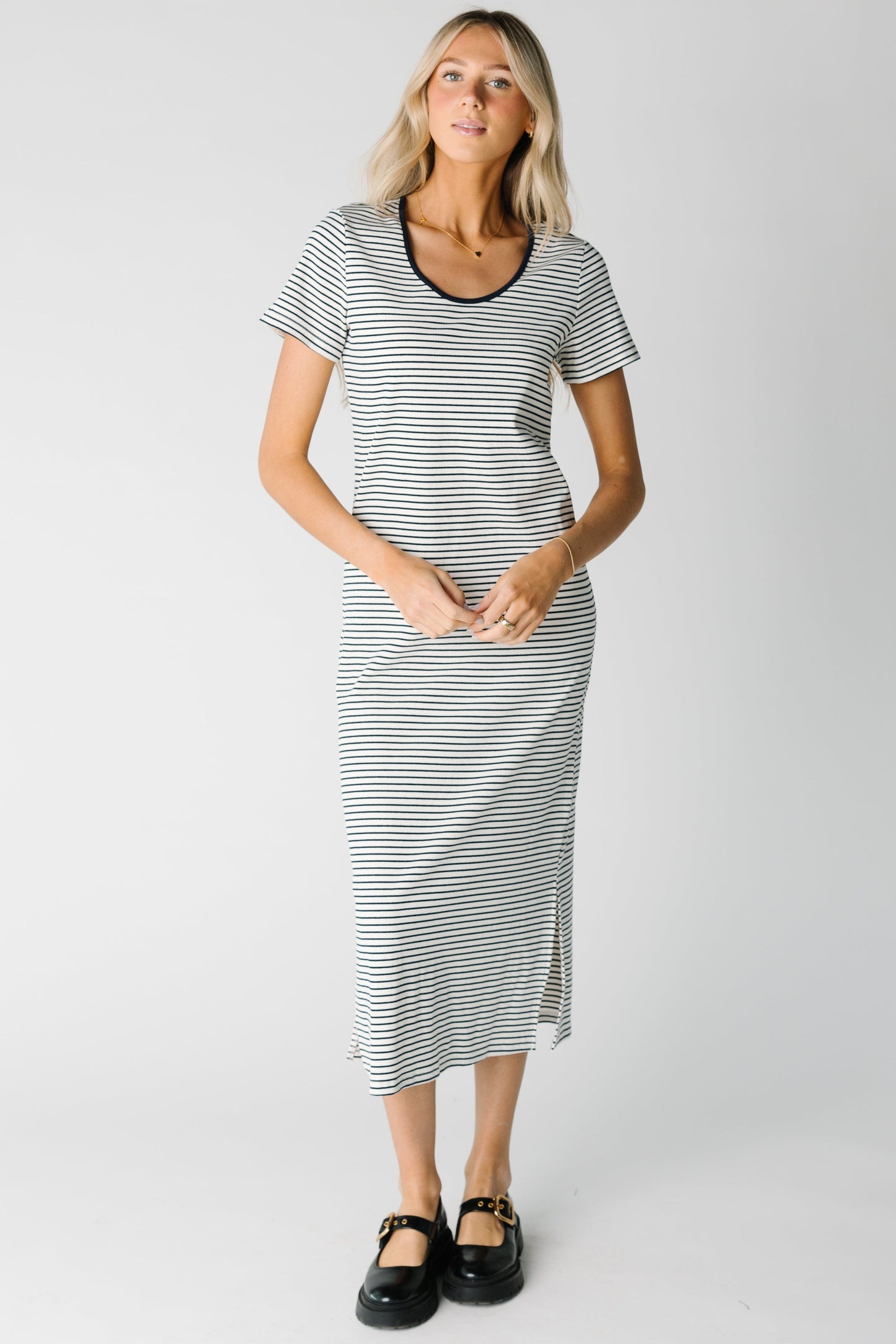 Modest stripe tee dress in ivory and navy strip with short sleeves and scoop neckline