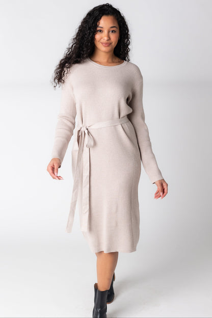 Cream long sleeve midi sweater dress and round neckline