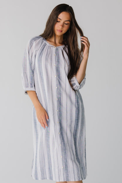Blue and white stripe midi with elbow length sleeves 