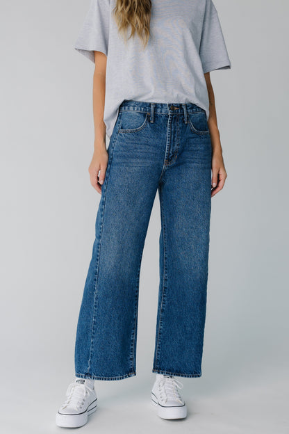 Women wearing dark denim very wide cut jeans