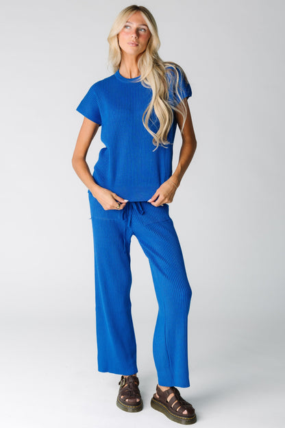 Modest women and teens short sleeve ribbed sweater set with wide leg pant in blue
