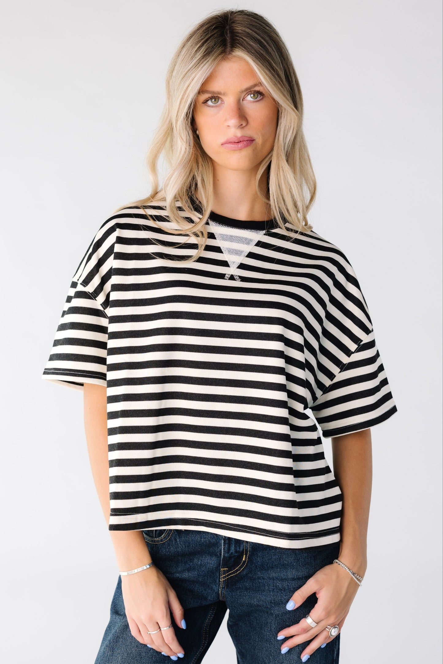 Tori Striped Boxy Tee for women and teens in black and white stripe