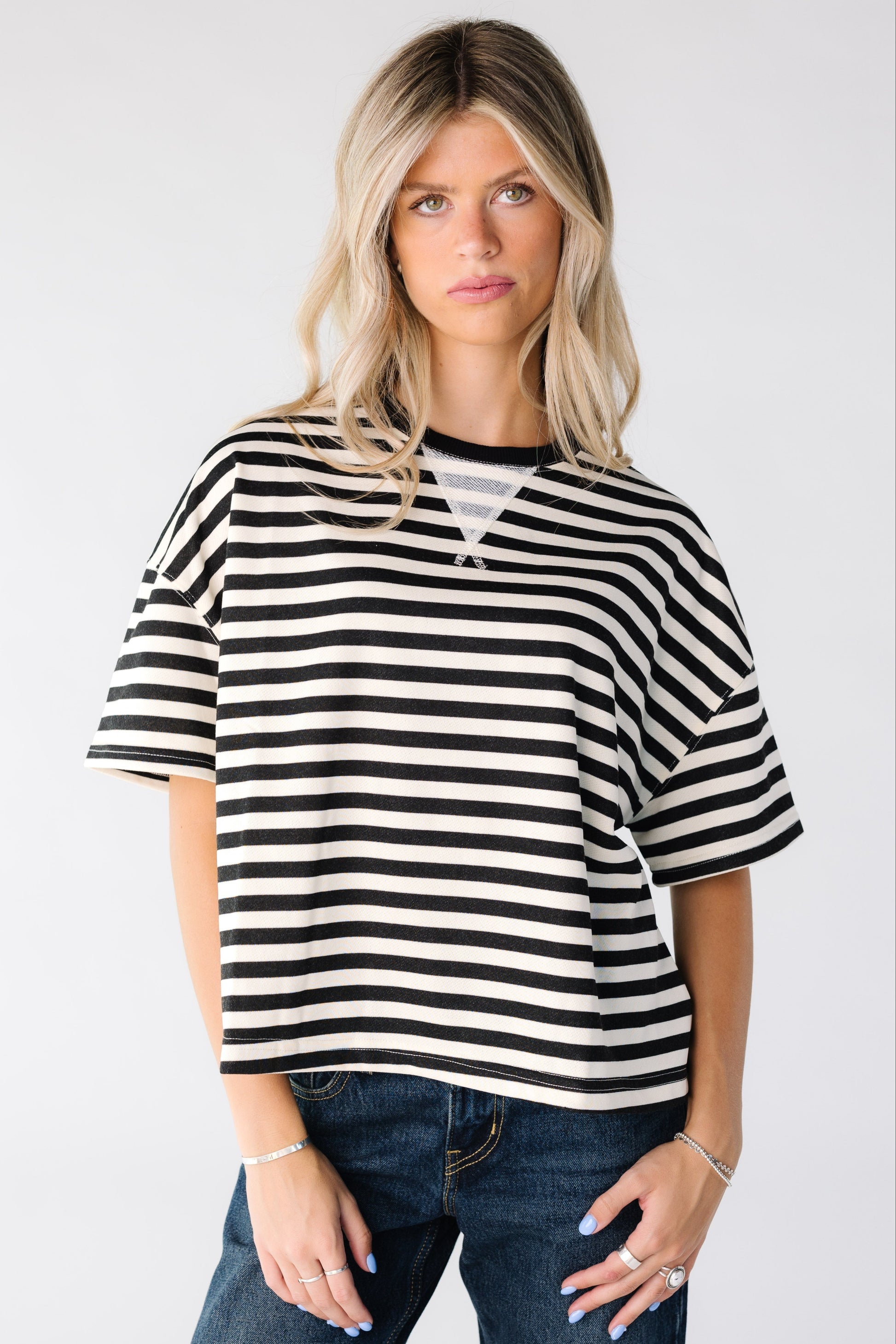 Tori Striped Boxy Tee for women and teens in black and white stripe