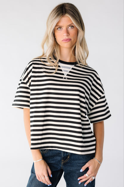Tori Striped Boxy Tee for women and teens in black and white stripe