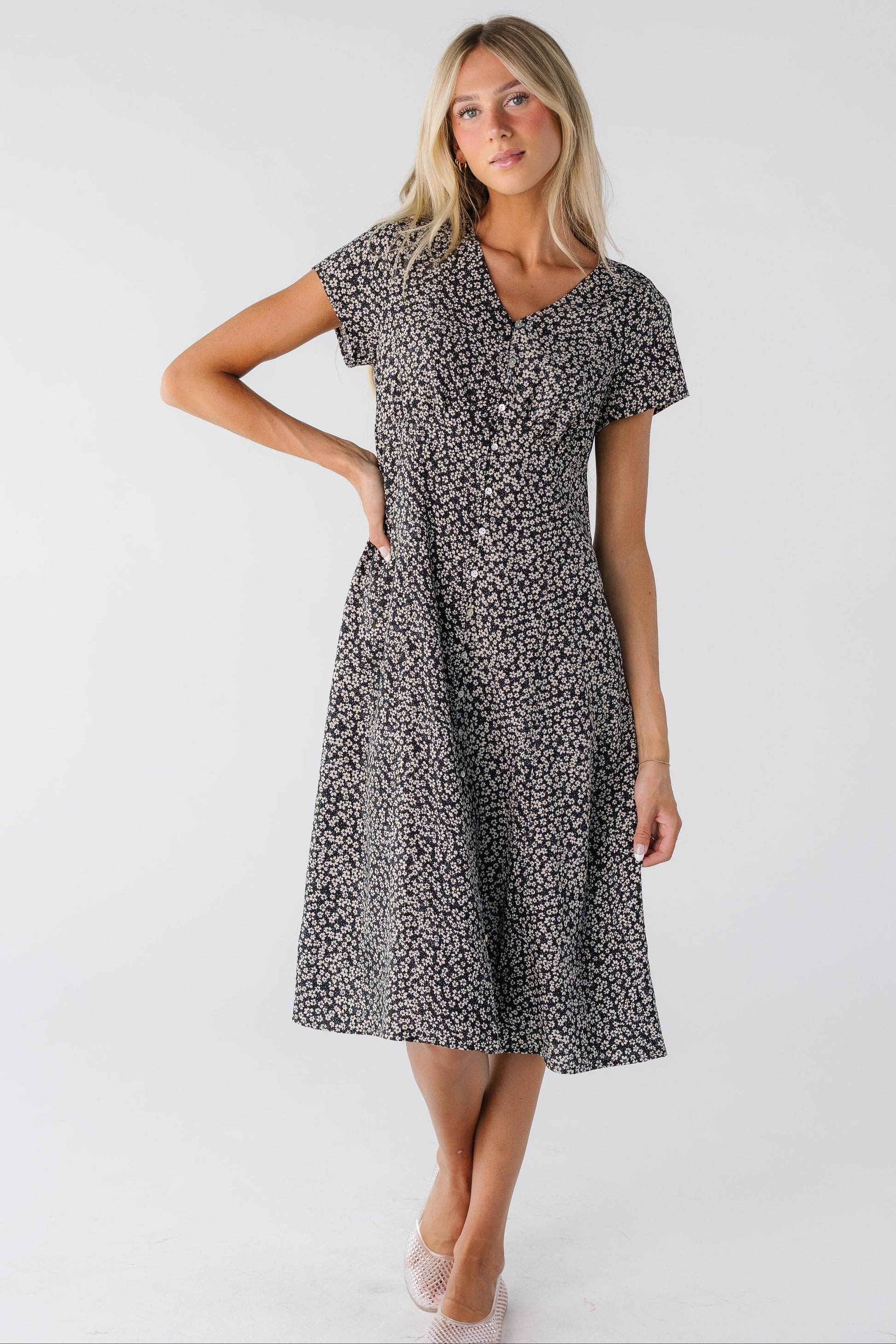 Modest black and white floral midi dress for women in black and white floral print