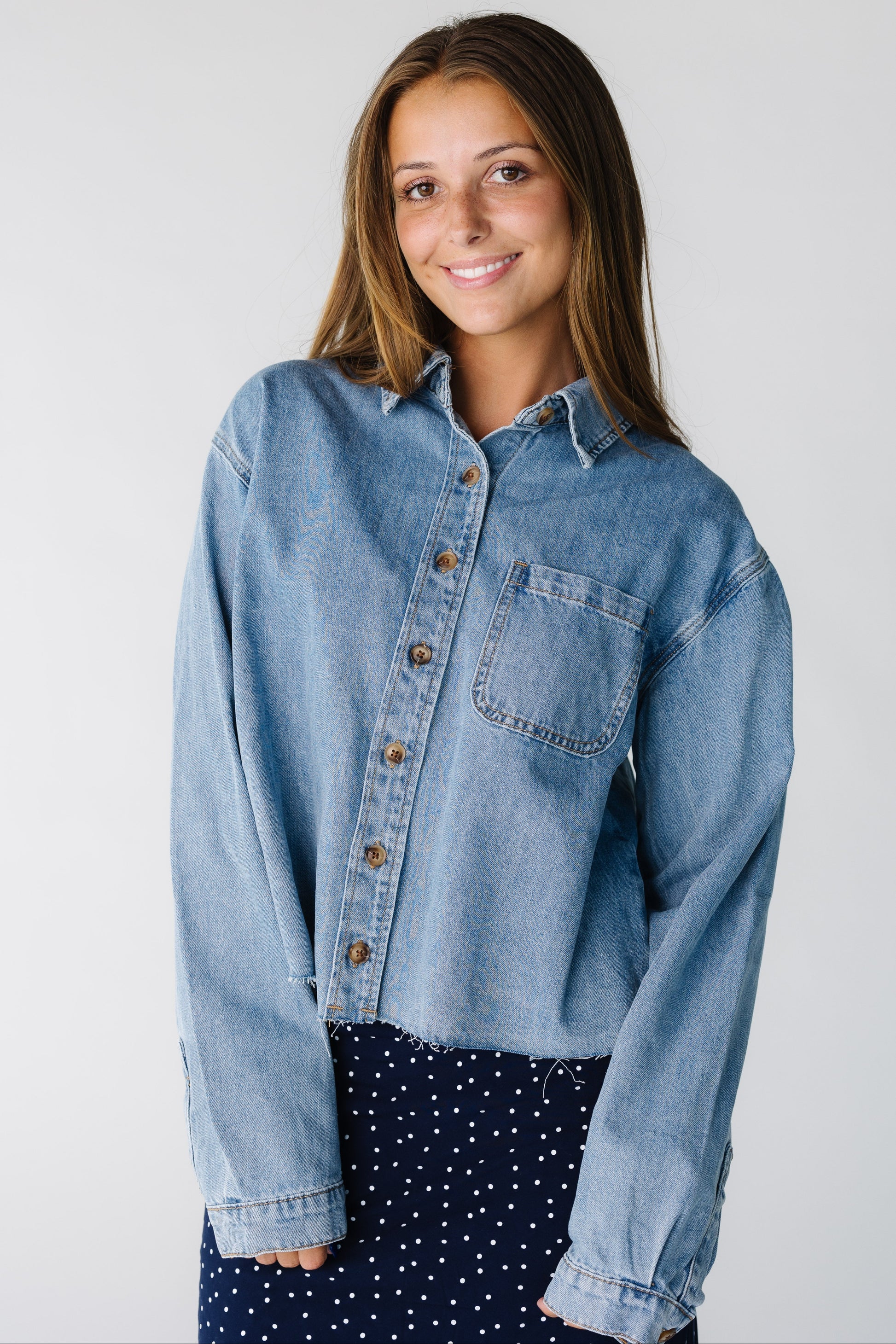 Modest women and teens button down denim shirt with cut hem