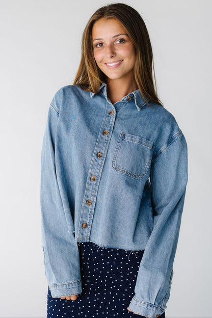 Modest women and teens button down denim shirt with cut hem