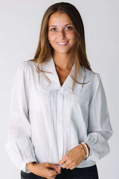 Modest women and teens button down top with wide collar and long sleeves
