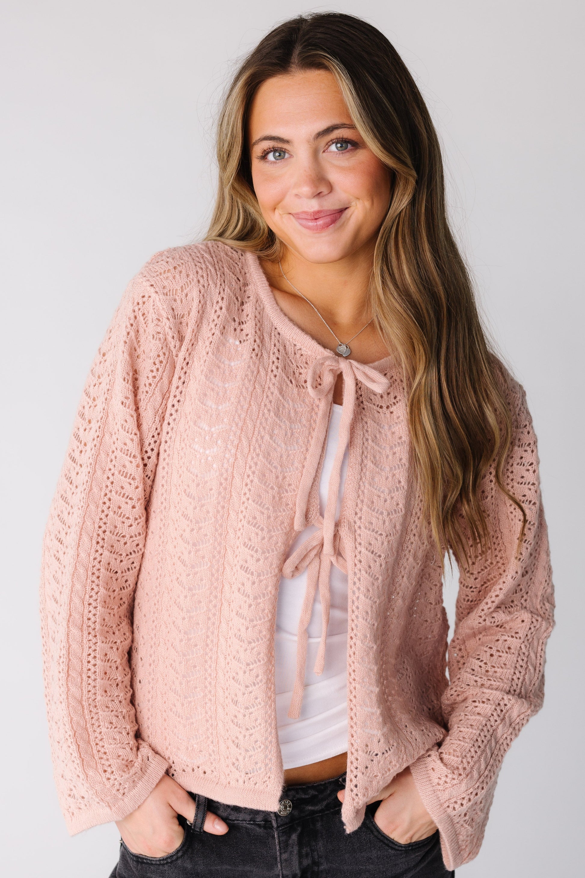 Modest women and teens lace long sleeve cardigan with tie closure