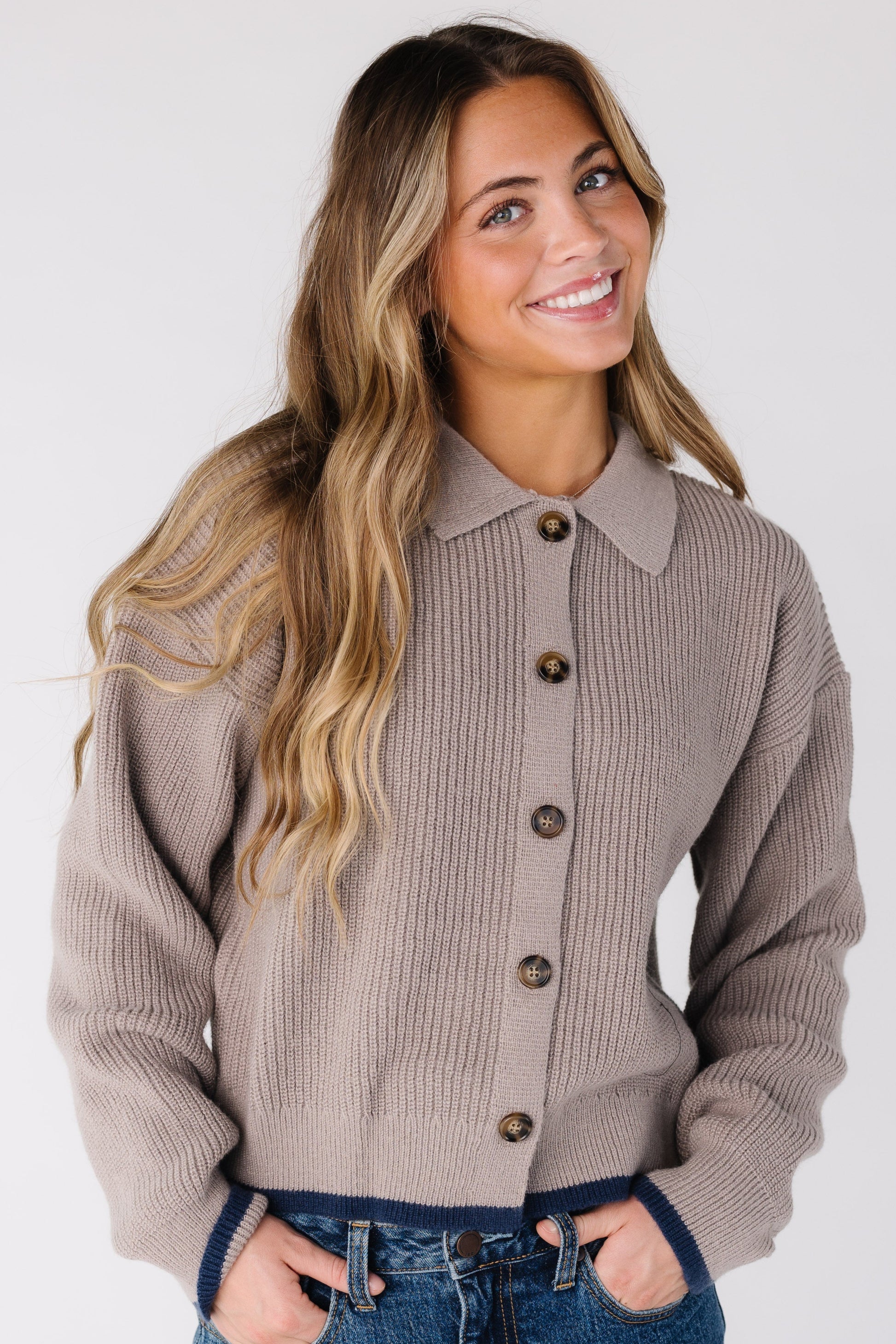 The Hanna Cardigan for women and teens in taupe