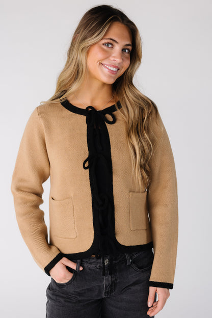The Engagement Front Tie Cardigan for women and teens in camel 