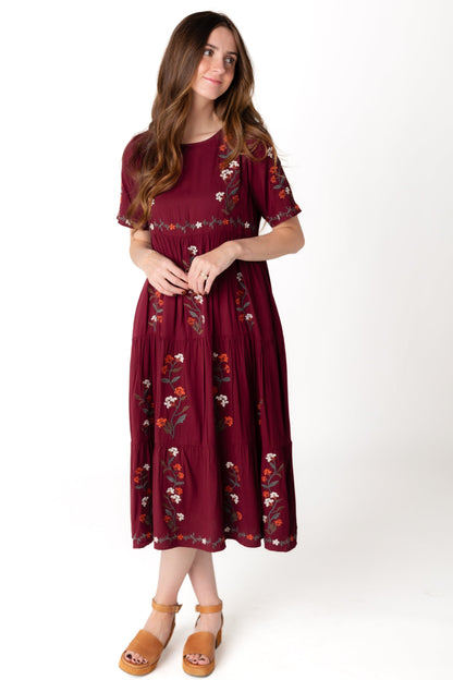 Plum embroidered midi dress