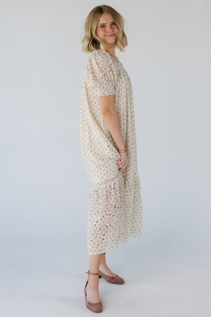 Side view of ivory eyelet midi