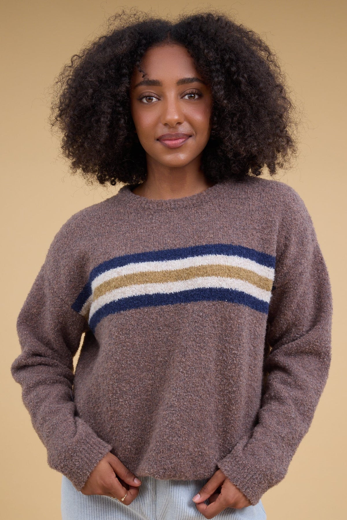 More Stripes Sweater in light brown with a wide chest stripe for women and teen girls.